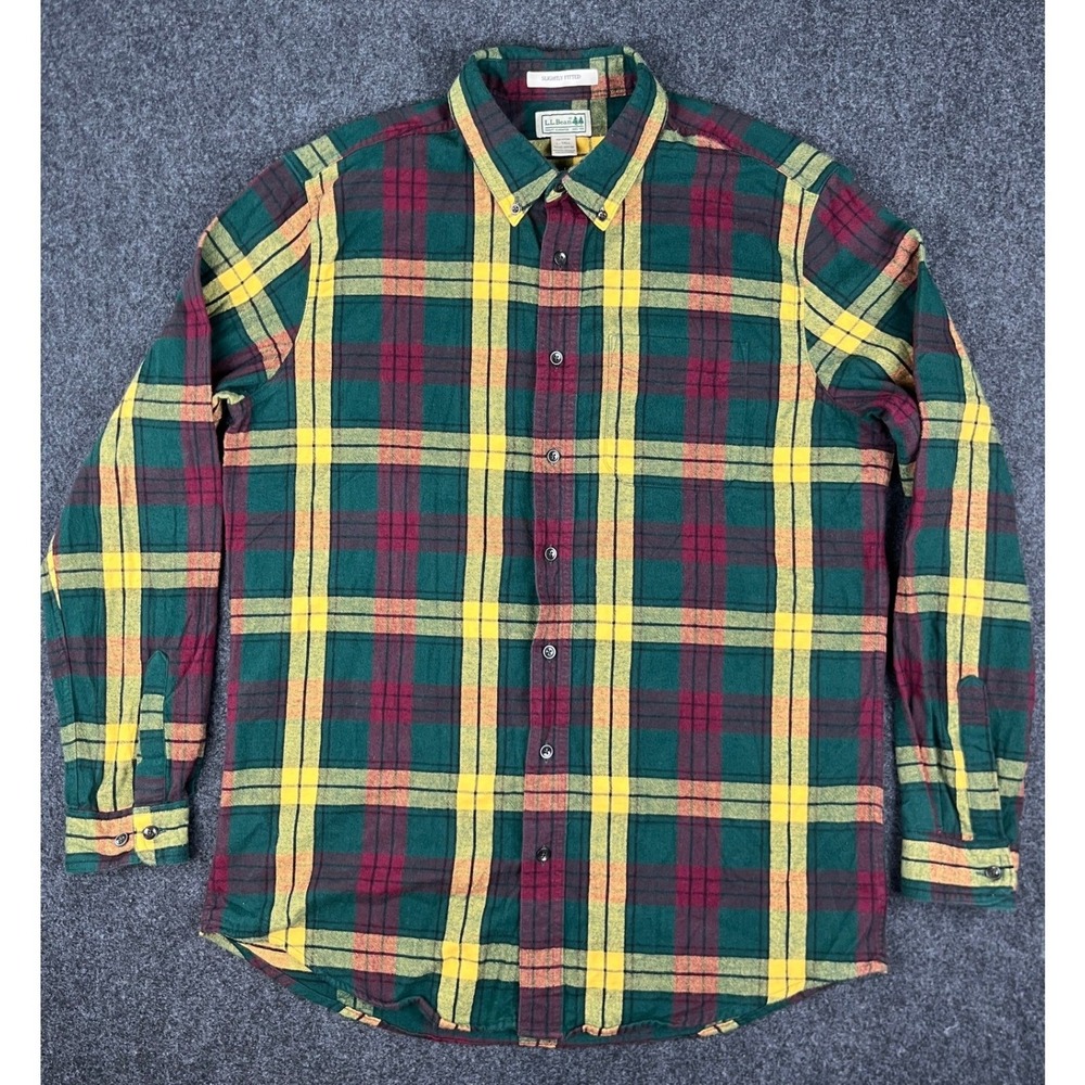 LL Bean Mens Plaid Flannel Shirt Green Burgundy Yellow Large Tall 298168